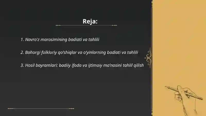 Mavsumiy marosim folklori va namunalari badiati va ularning tahlili by Rahmonova Dinora 2