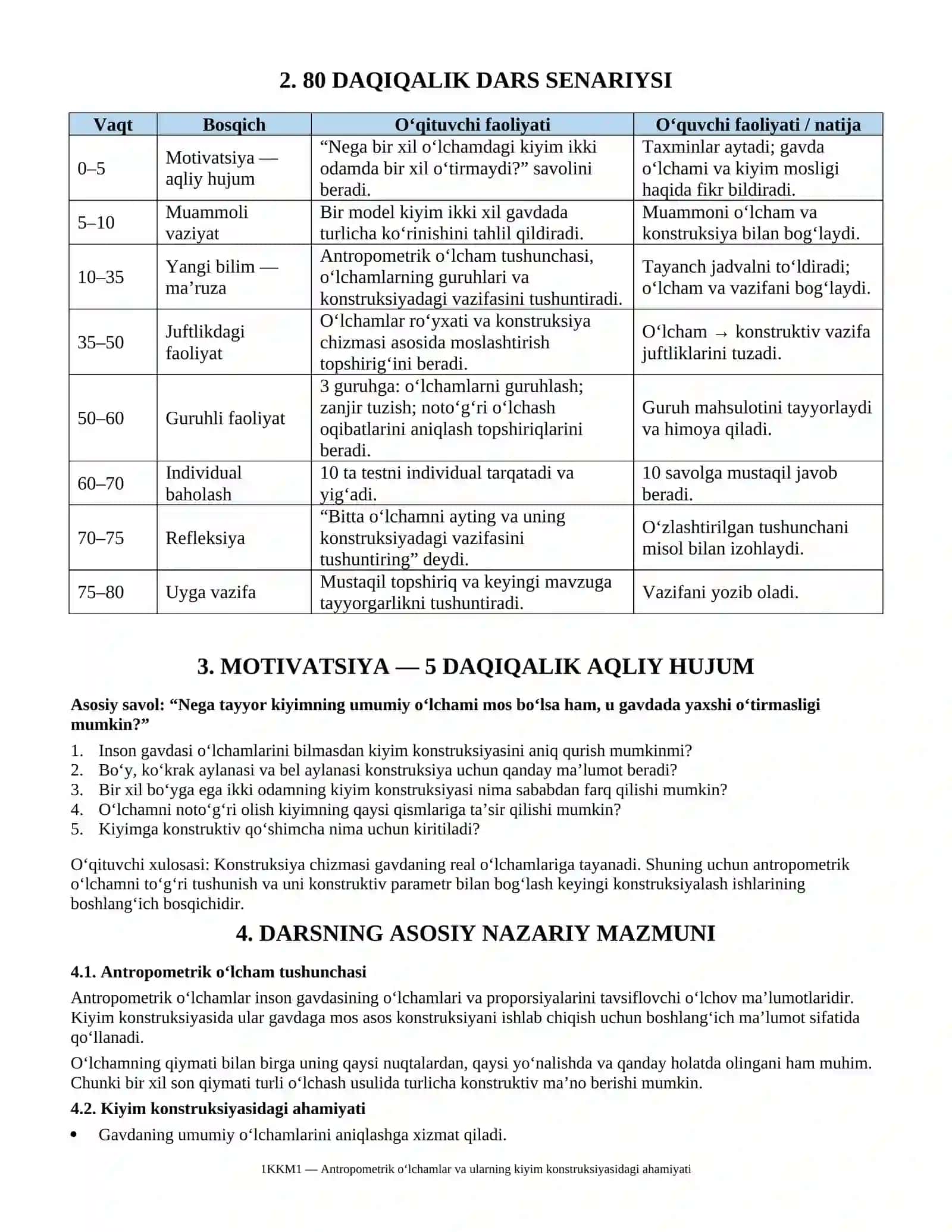Antropometrik o‘lchamlar va ularning kiyim konstruksiyasidagi ahamiyati mavzusida dars paketi 2