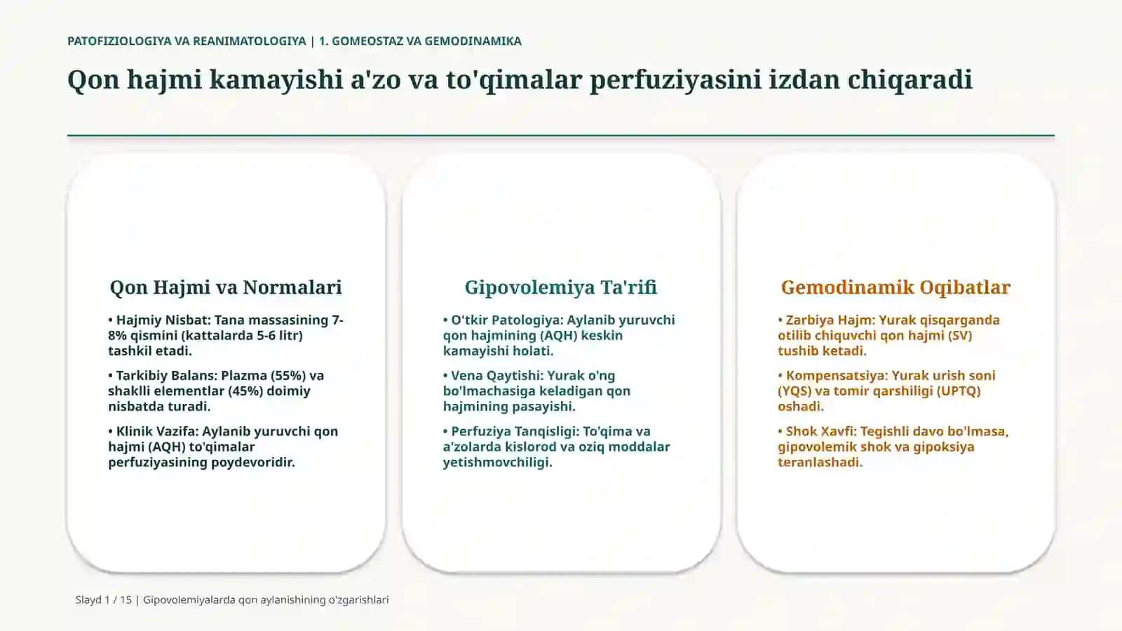 Gipovolemiyada qon aylanishining o‘zgarishlari — 15 slayd 2