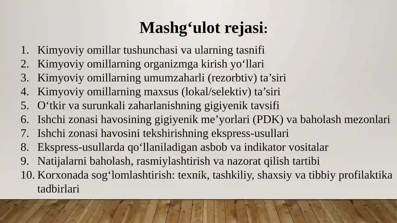 Kimyoviy omillami umumzaharli va maxsus ta’siri haqida tushuncha. Ishchi zonasi havosining kimyoviy moddalar bilan ifloslanganligini tekshirish va baholash (ekspress-usullar). Korxonada sogLomlashtirish tadbirlari 2