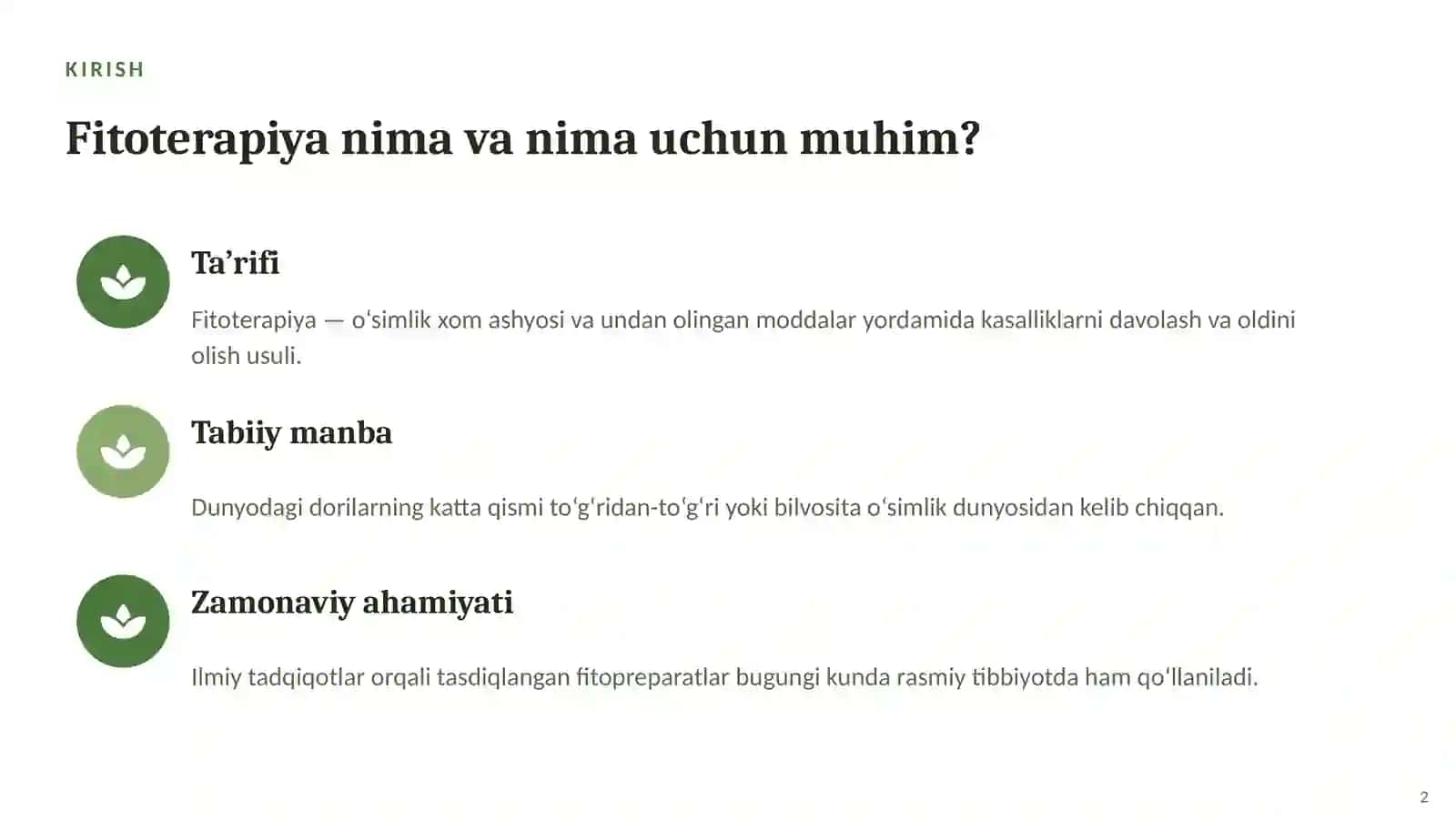 Fitoterapiyaning tibbiyotdagi o‘rni | 15 slayd 2