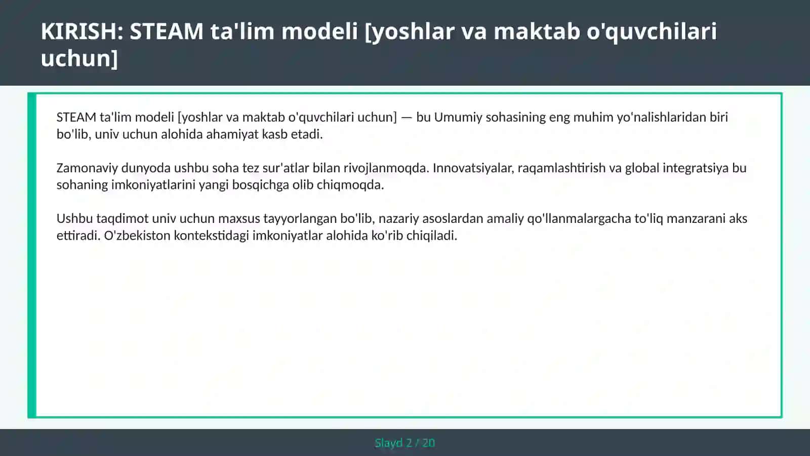 STEAM TA'LIM MODELI [YOSHLAR VA MAKTAB O'QUVCHILARI UCHUN] 2