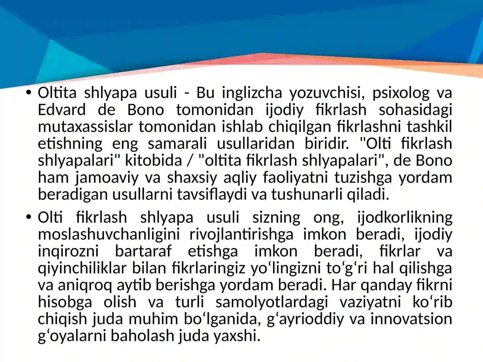 Olti shlyapa fikrlash usuli,uning xususiyatlari va amaliy ahmiyati 2