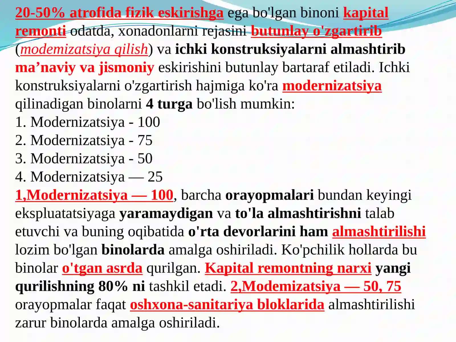 UY-JOYLARNING MODERNIZATSIYASI. MUHANDISLIK TIZIMLARINING MODERNIZATSIYASI. UY-JOYLARNING YOPMA KONSTRUKTSIYALARI 2