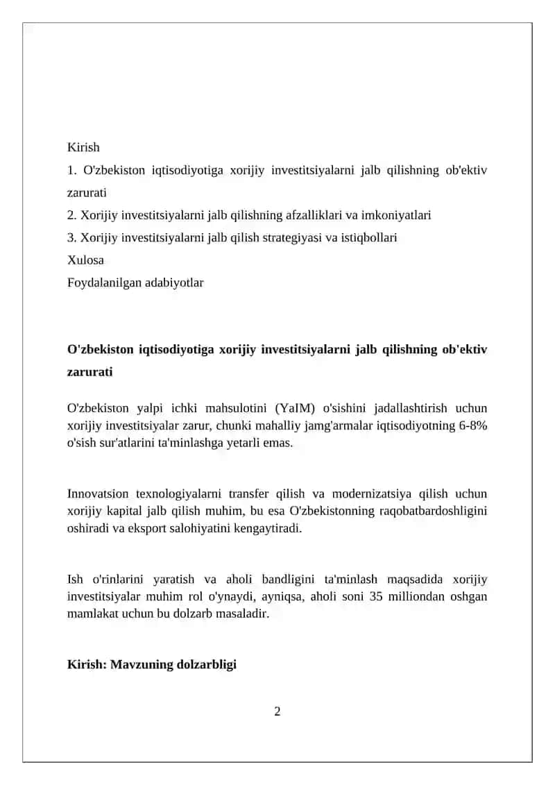 O'zbekiston iqtisodiyotiga chet el investitsiyalarini jalb etishning obyektiv zarurligi 2