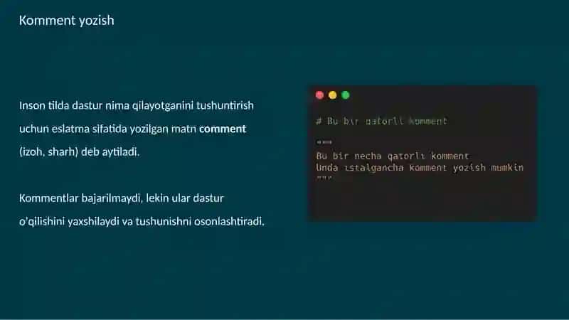 Python dasturlash tilida o`zgaruvchilar, komment va errorlar 2