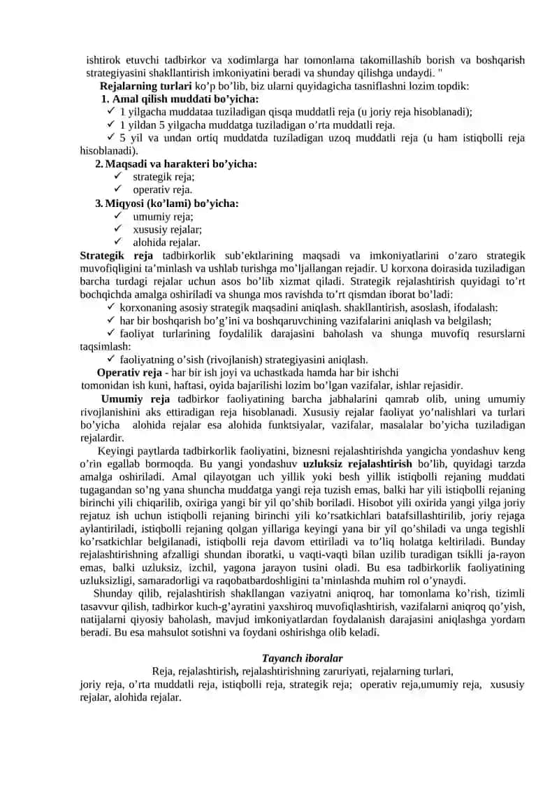Biznesning tashkiliy asoslari, biznes korxonalari faoliyatini rejalashtirish 2