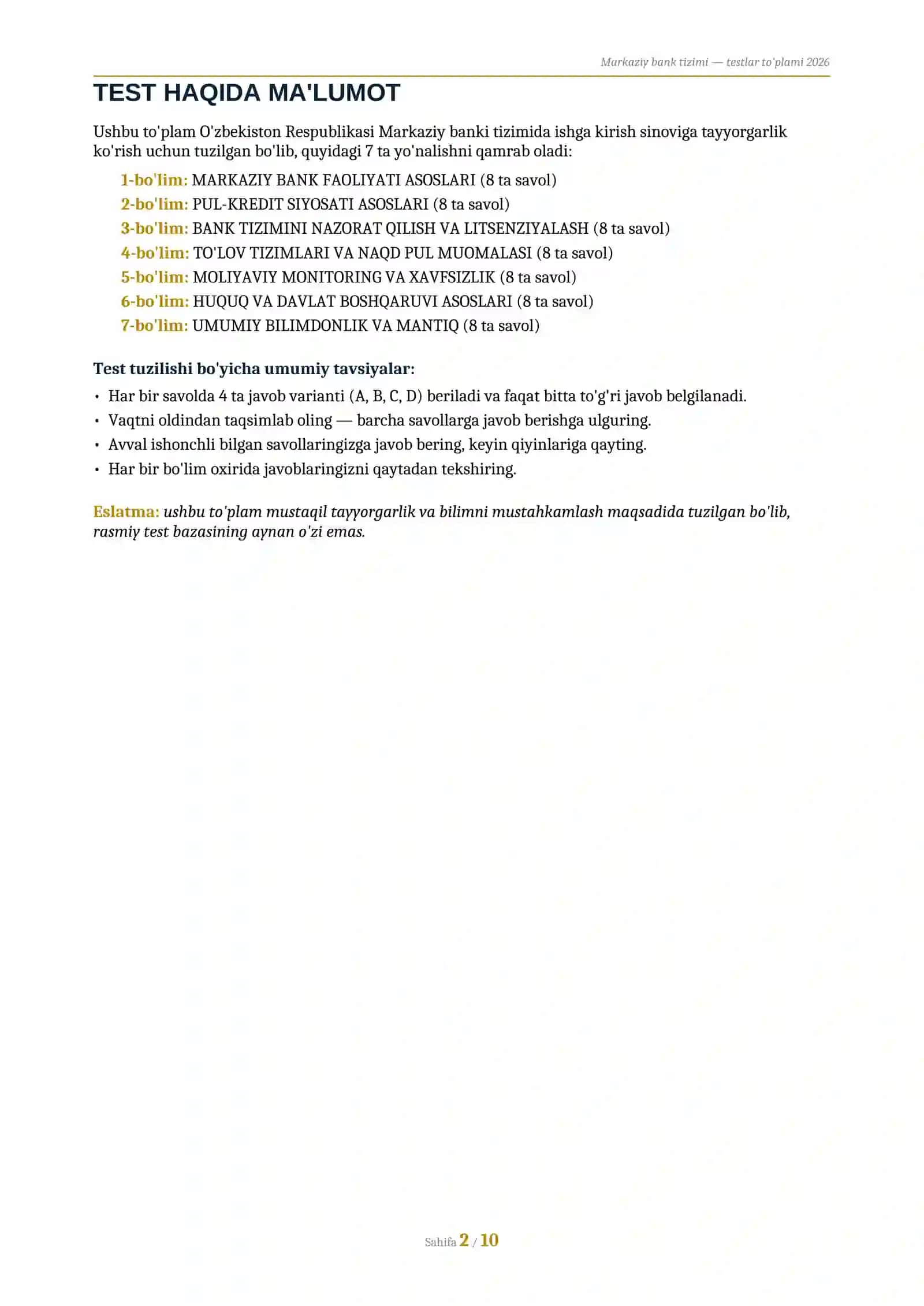 MARKAZIY BANK TIZIMIGA
TESTLAR TO'PLAMI 2