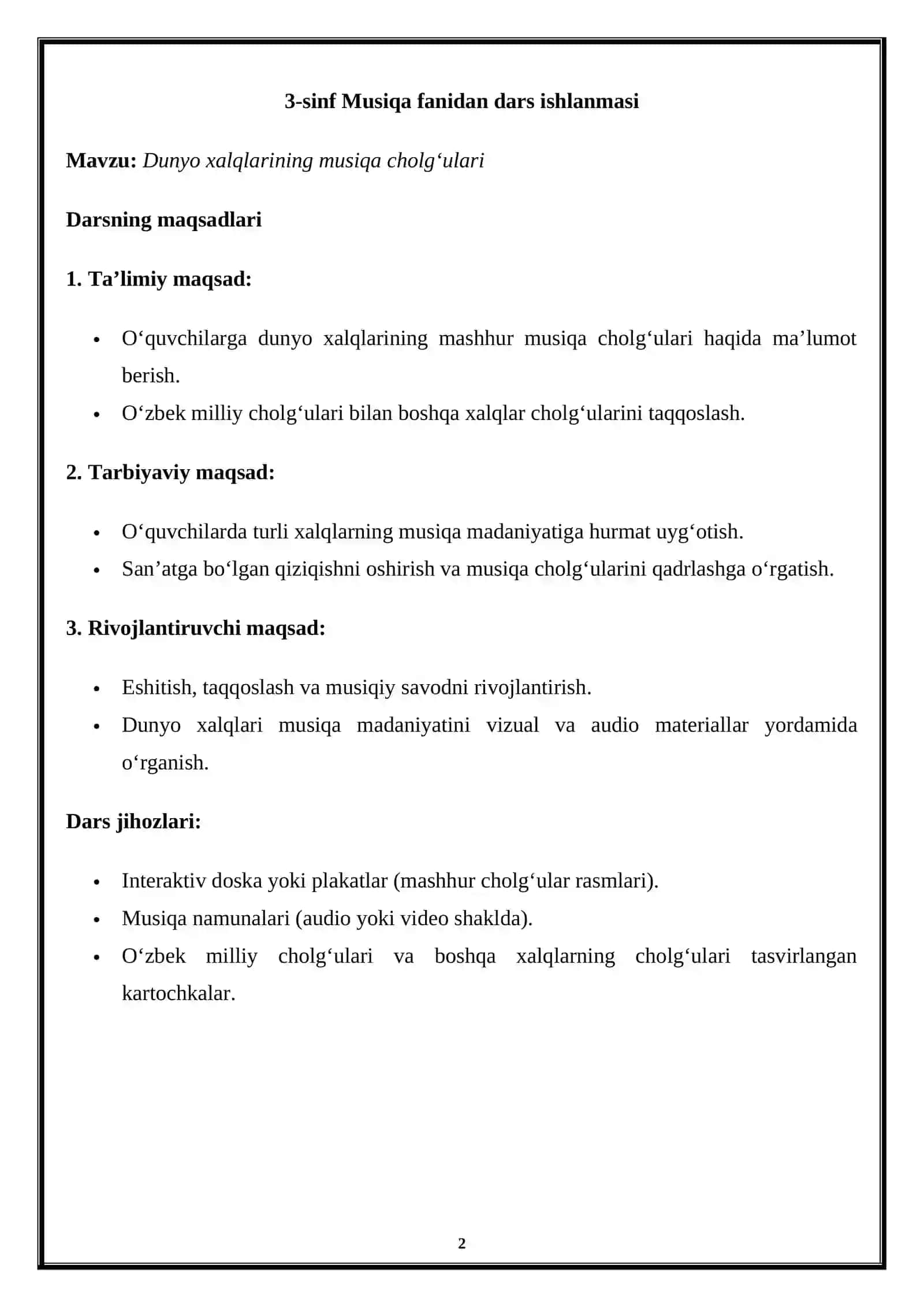 3-sinf Musiqa fanidan dars ishlanmasi 2