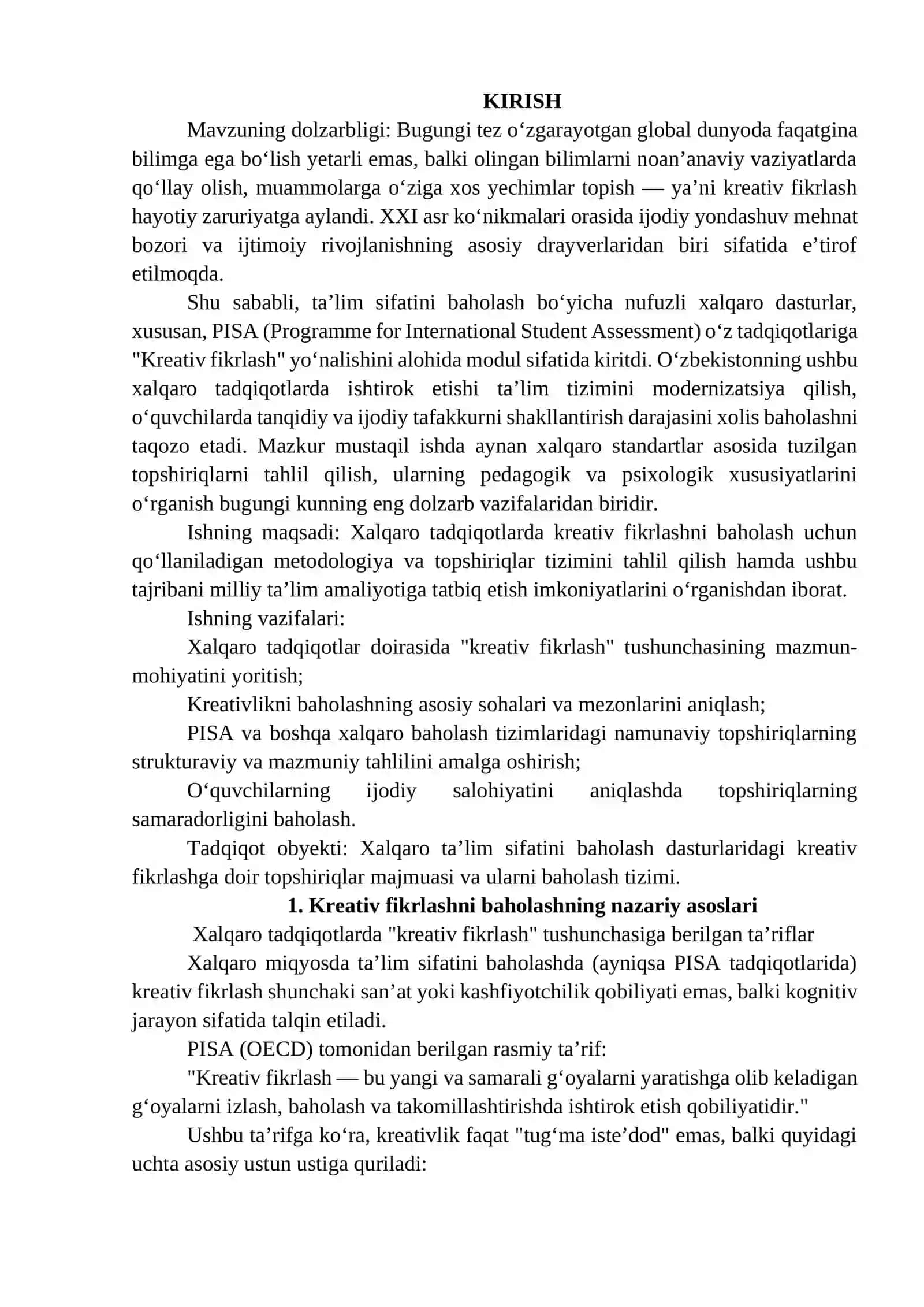 XALQARO TADQIQOTLARDA KREATIV FIKRLASHNI BAHOLASHGA QARATILGAN TOPSHIRIQLAR TAHLILI 2