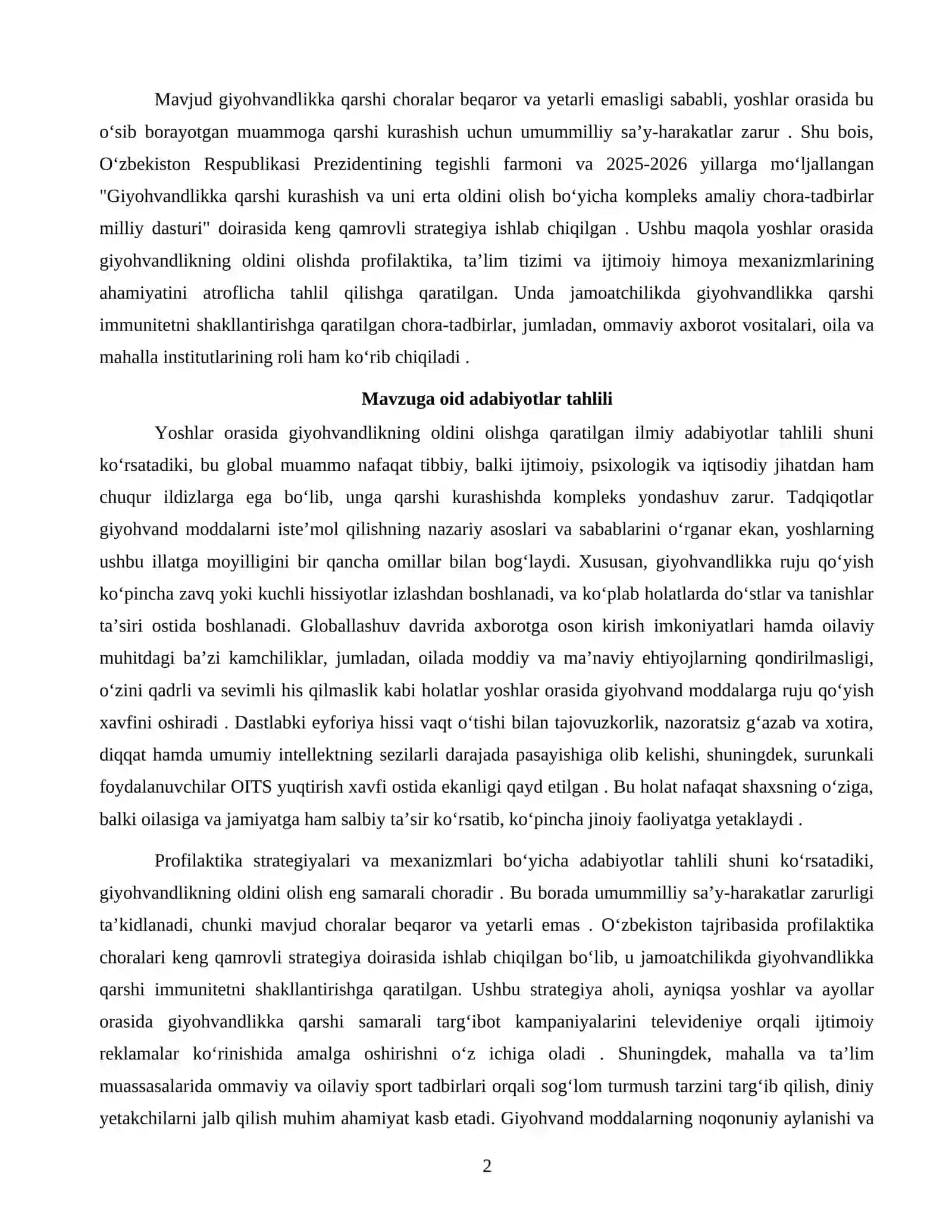 YOSHLAR ORASIDA GIYOHVANDLIKNING OLDINI OLISH: PROFILAKTIKA, TAʼLIM VA IJTIMOIY HIMOYA MEXANIZMLARI UMIDJON 2