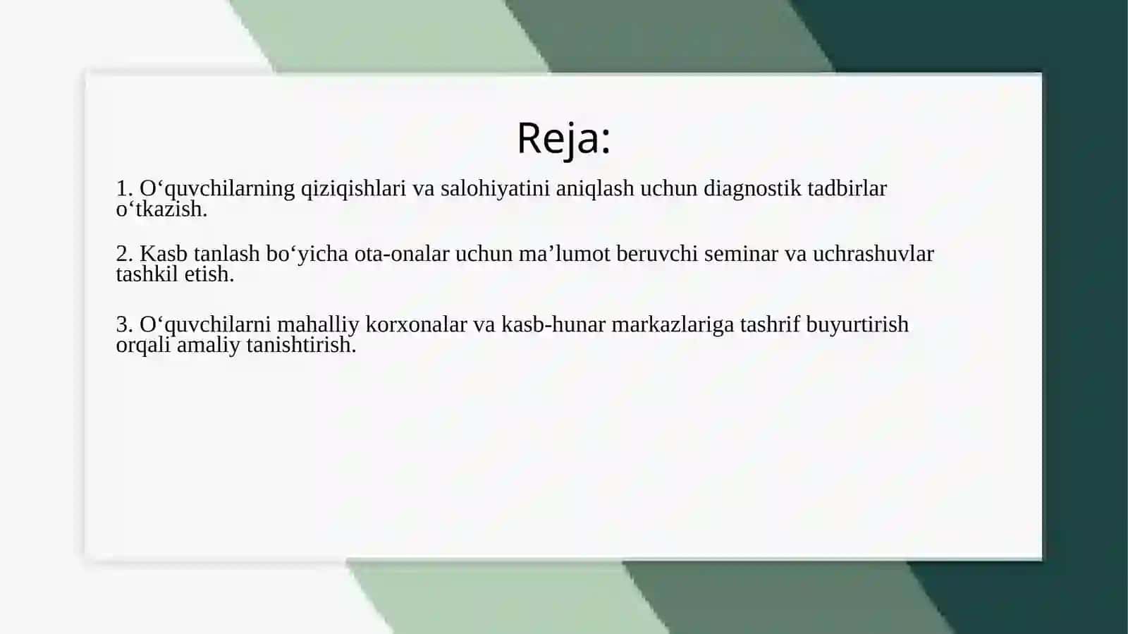 Oʻquvchilarnikasb-hunargayoʻnaltirish,ota-onalarbilanishlashboʻyichayoʻlxaritasi 2