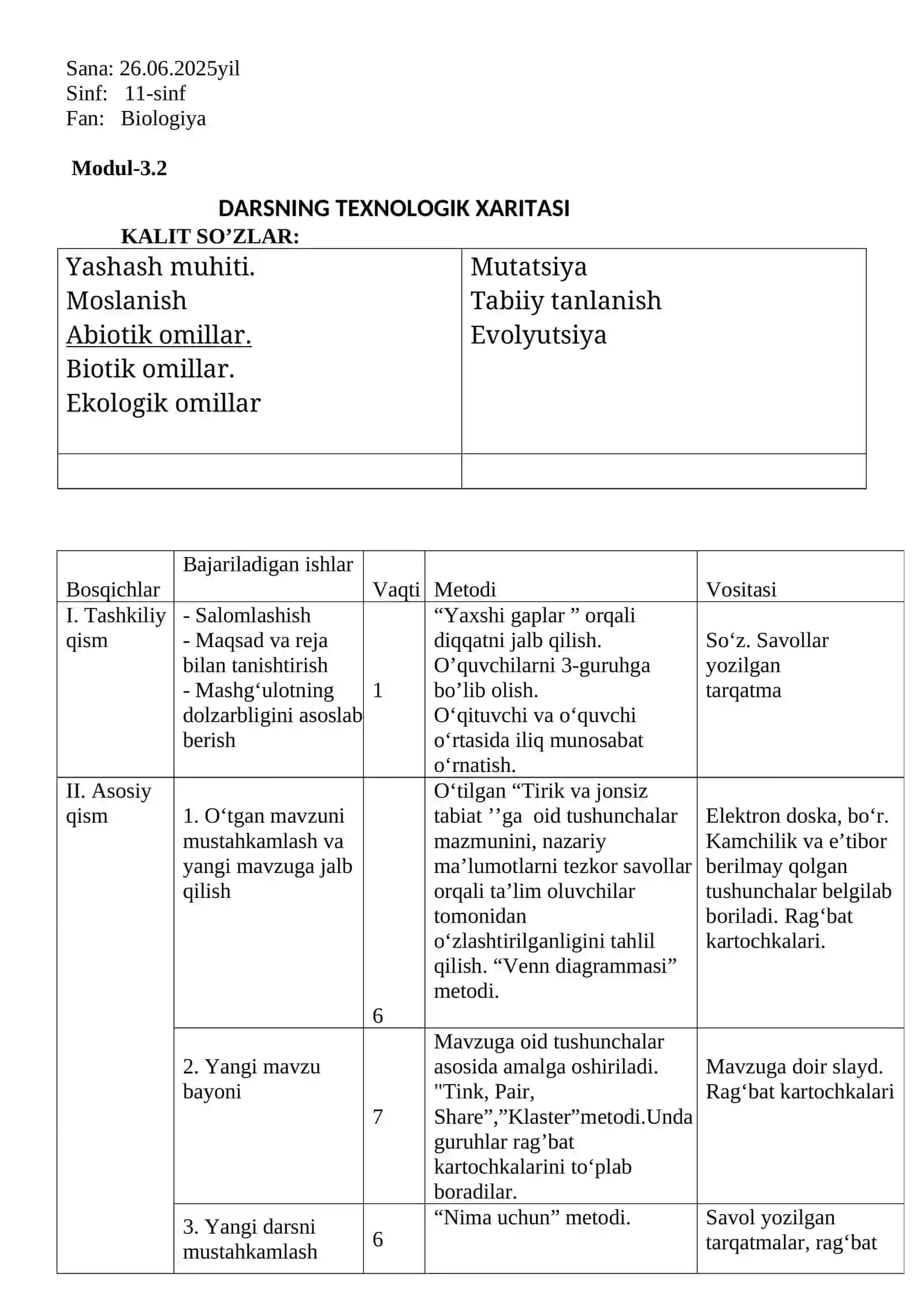 “6- 11 - sinflarda Organizmlarning moslanishi va yashash muhiti“ mavzusida 2