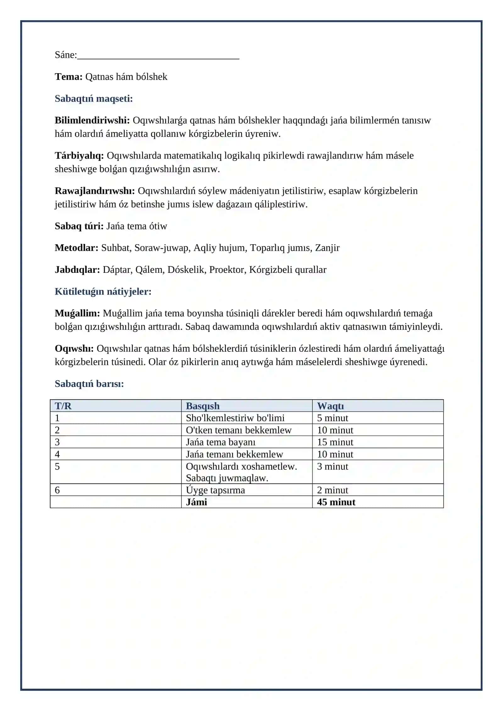Lesson on Qatnas hám bólshek 2