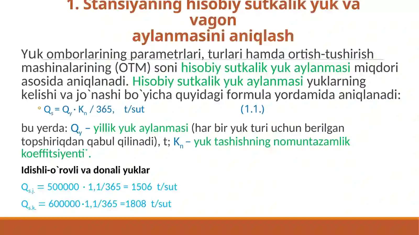 OMBORLARNI LOYIHALASH ASOSLARI. STANSIYANING SUTKALIK YUK VA VAGON AYLANMASINI XISOBLASH 2