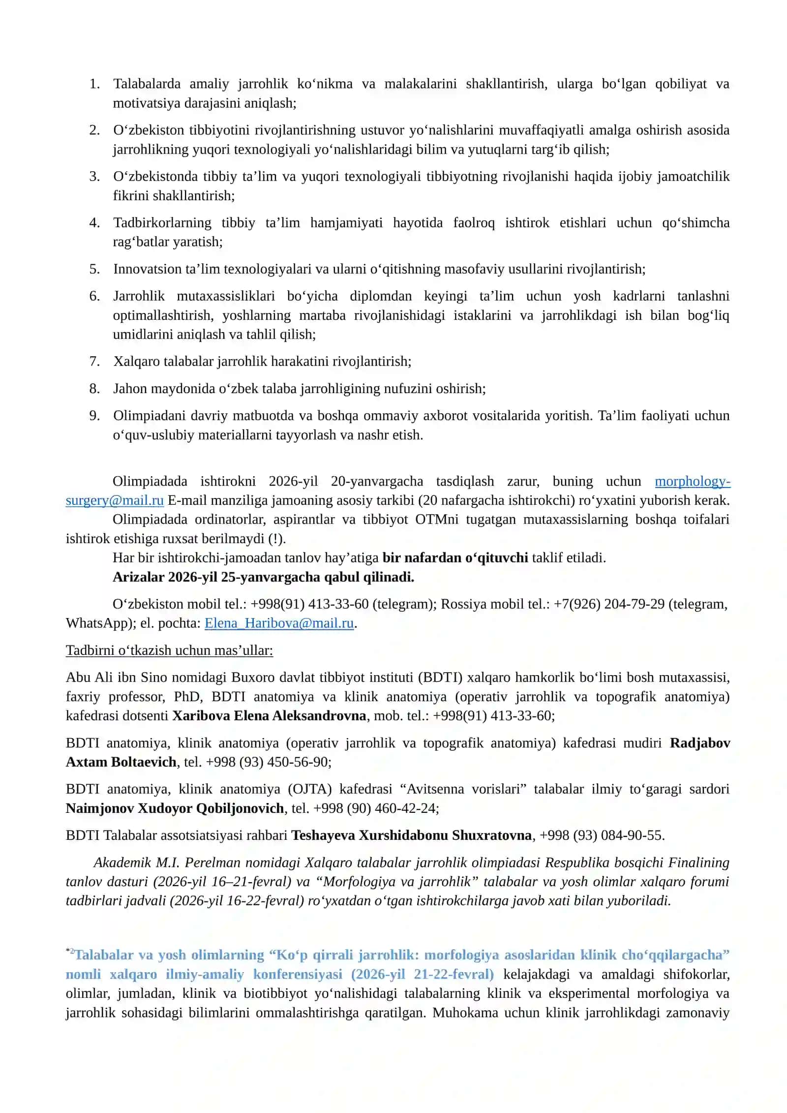 "Morfologiya va Jarrohlik" Talabalar va Yosh Olimlar Xalqaro Forumi 2