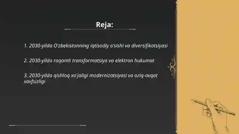 Reja: 2030-yilda O'zbekistonning iqtisodiy o'sishi va diversifikatsiyasi 2