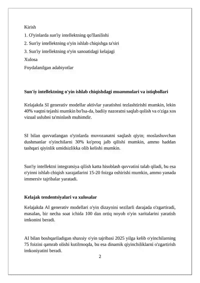 Suniy Intellektning o'yin sanoatiga ta'siri 2