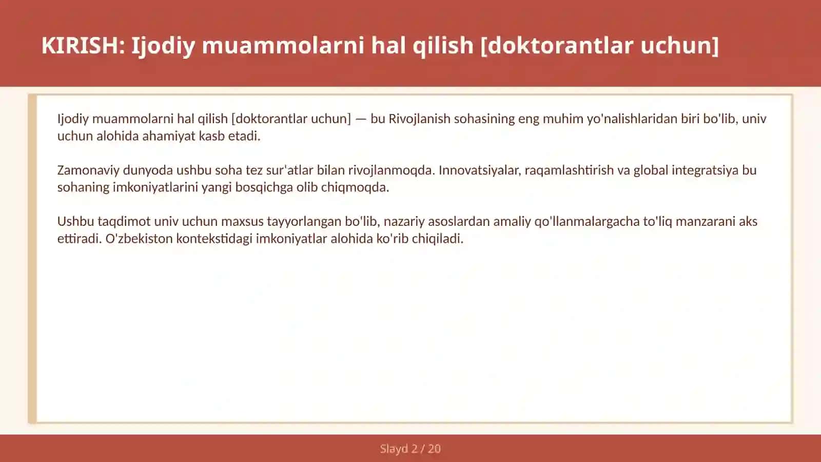 Ijodiy muammolarni hal qilish [doktorantlar uchun] 2