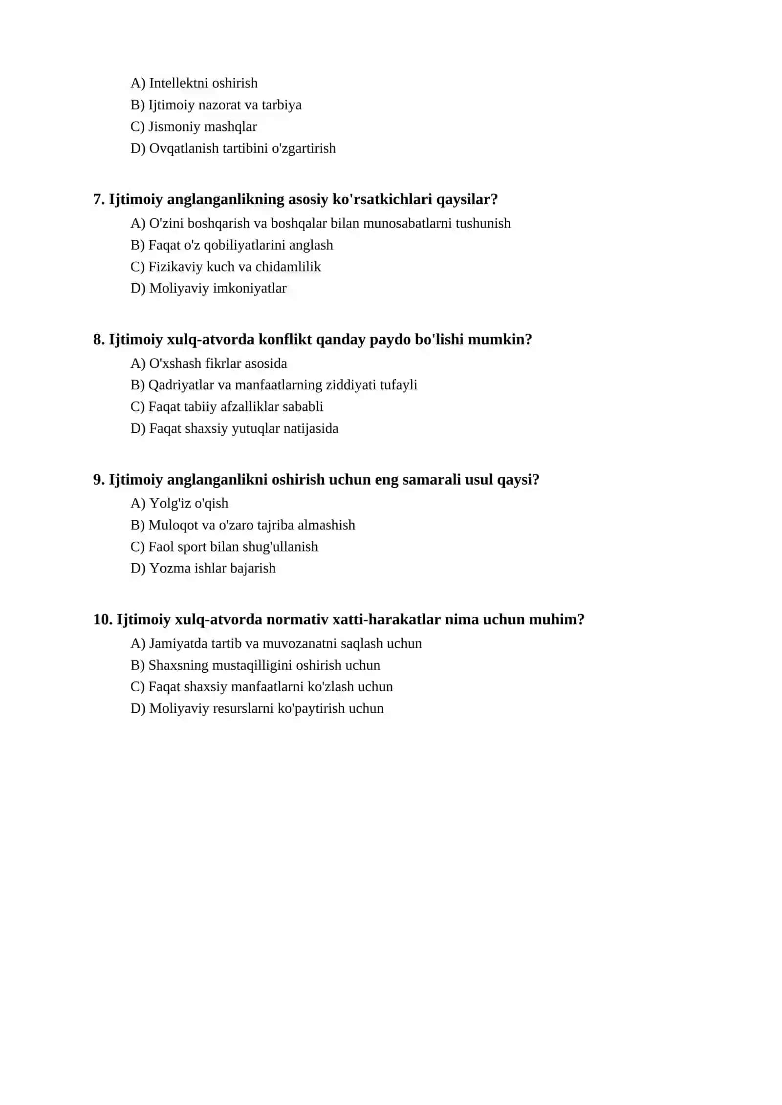 Ijtimoiy anglanganlik va ijtimoiy xulq-atvor bo'yicha test 2
