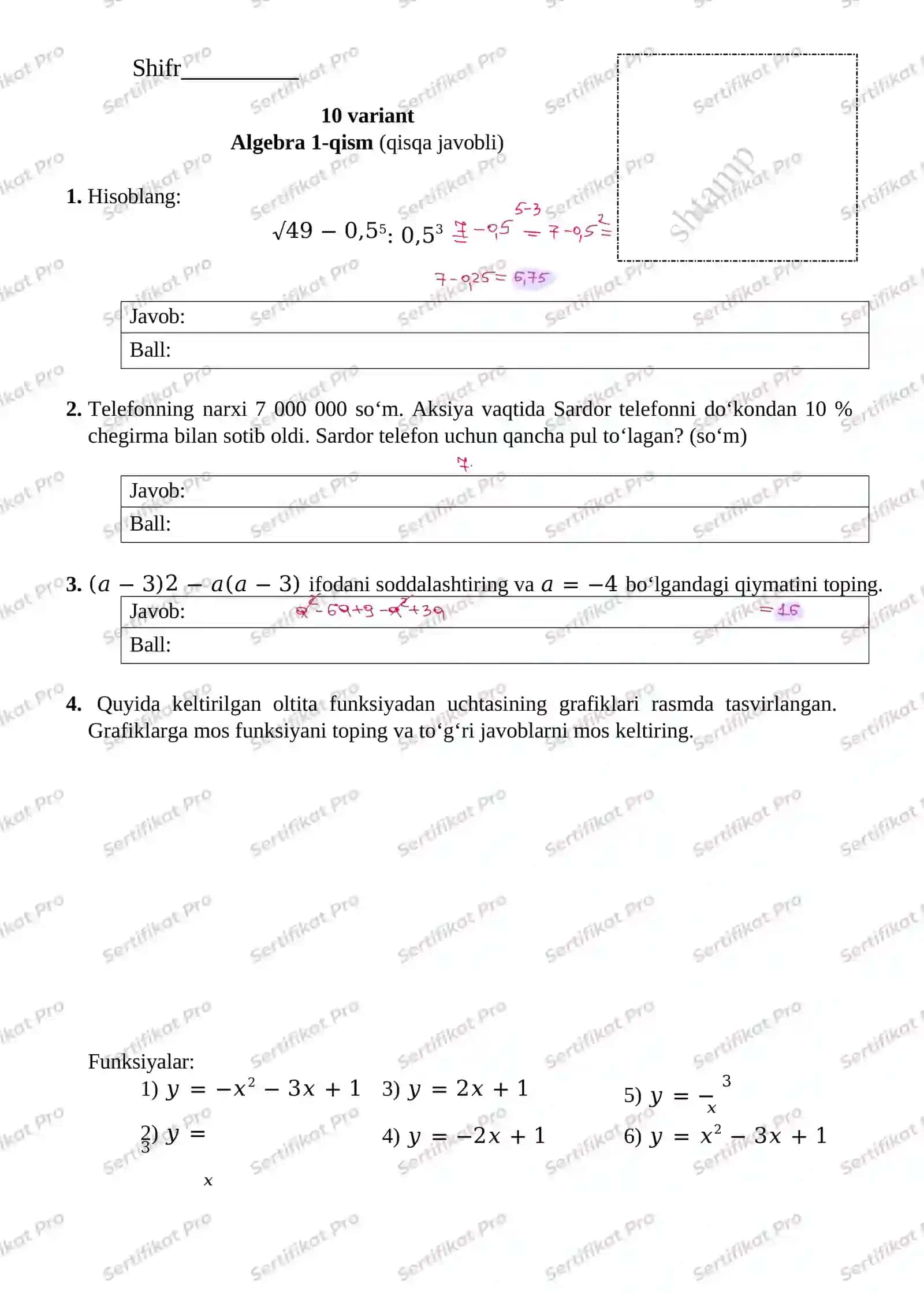 9-Sinf 10-variant orginal matematika imtihon javoblari 2