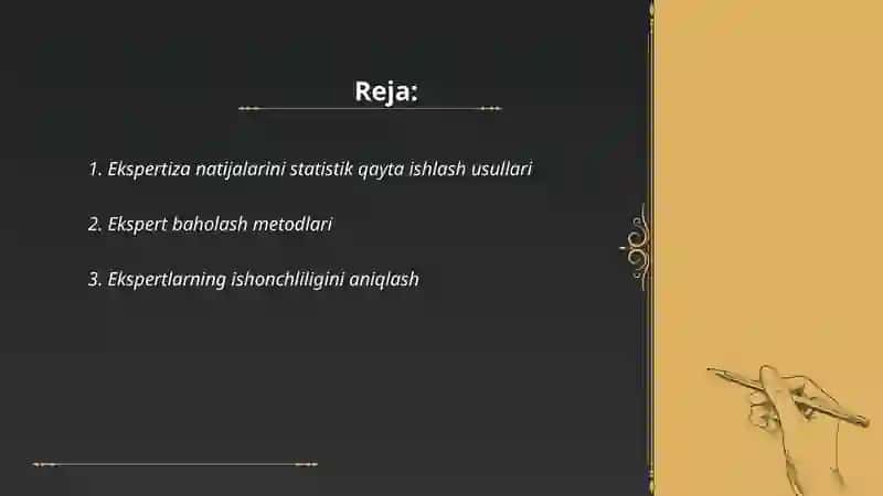 Ekspertiza natijalarini statistik qayta ishlash. Ekspert baholash usuli. Ekspertlar samaradorligini baholash. 2