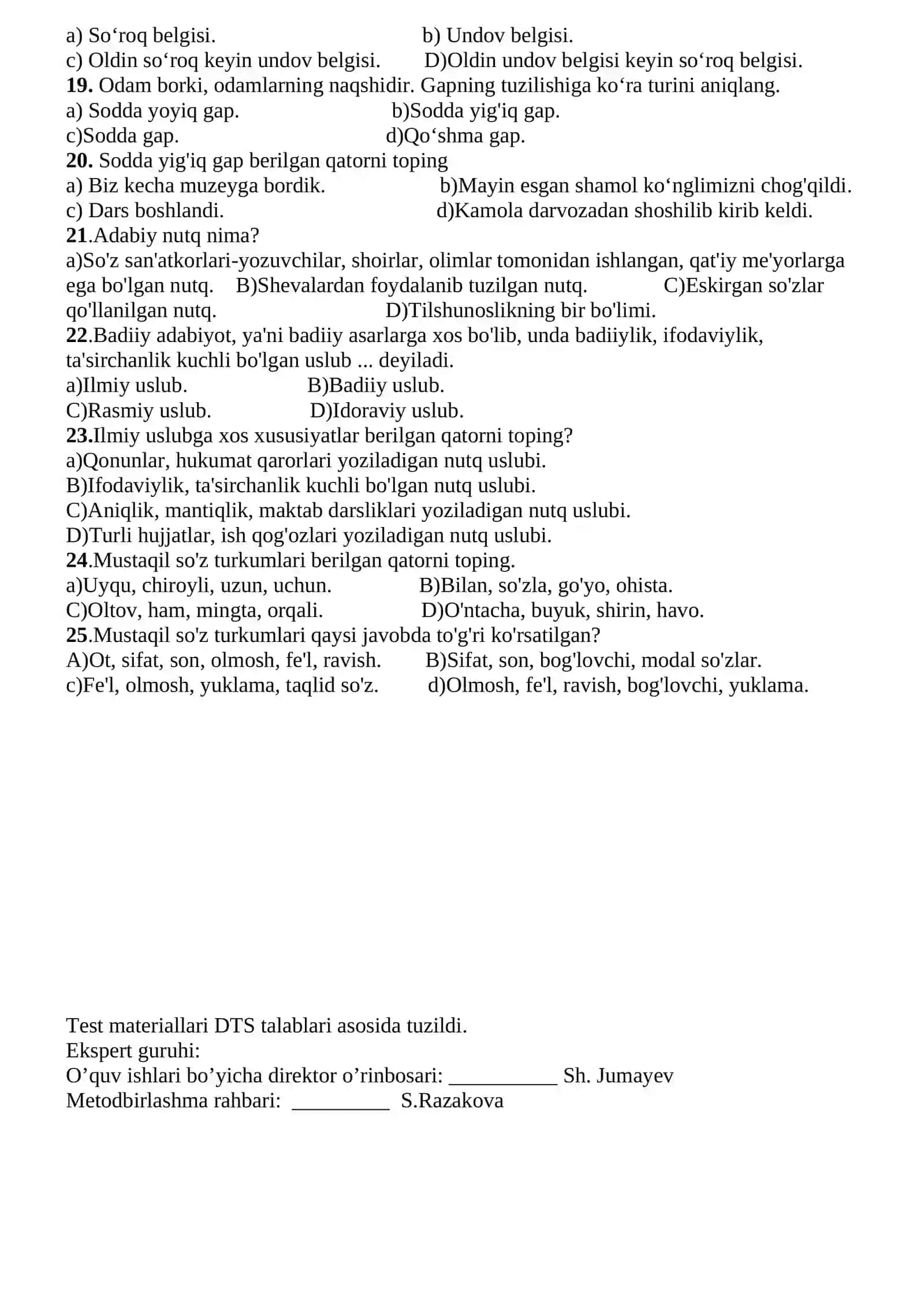 Ona tili va adabiyot testlar banki 2