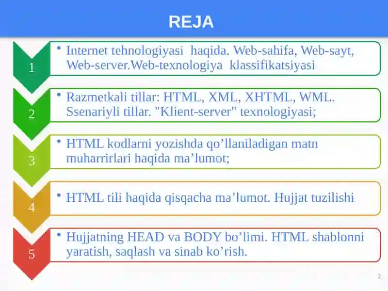 Wеb ilovalar yaratish faniga kirish. HTML razmet kalitiligakirish 2