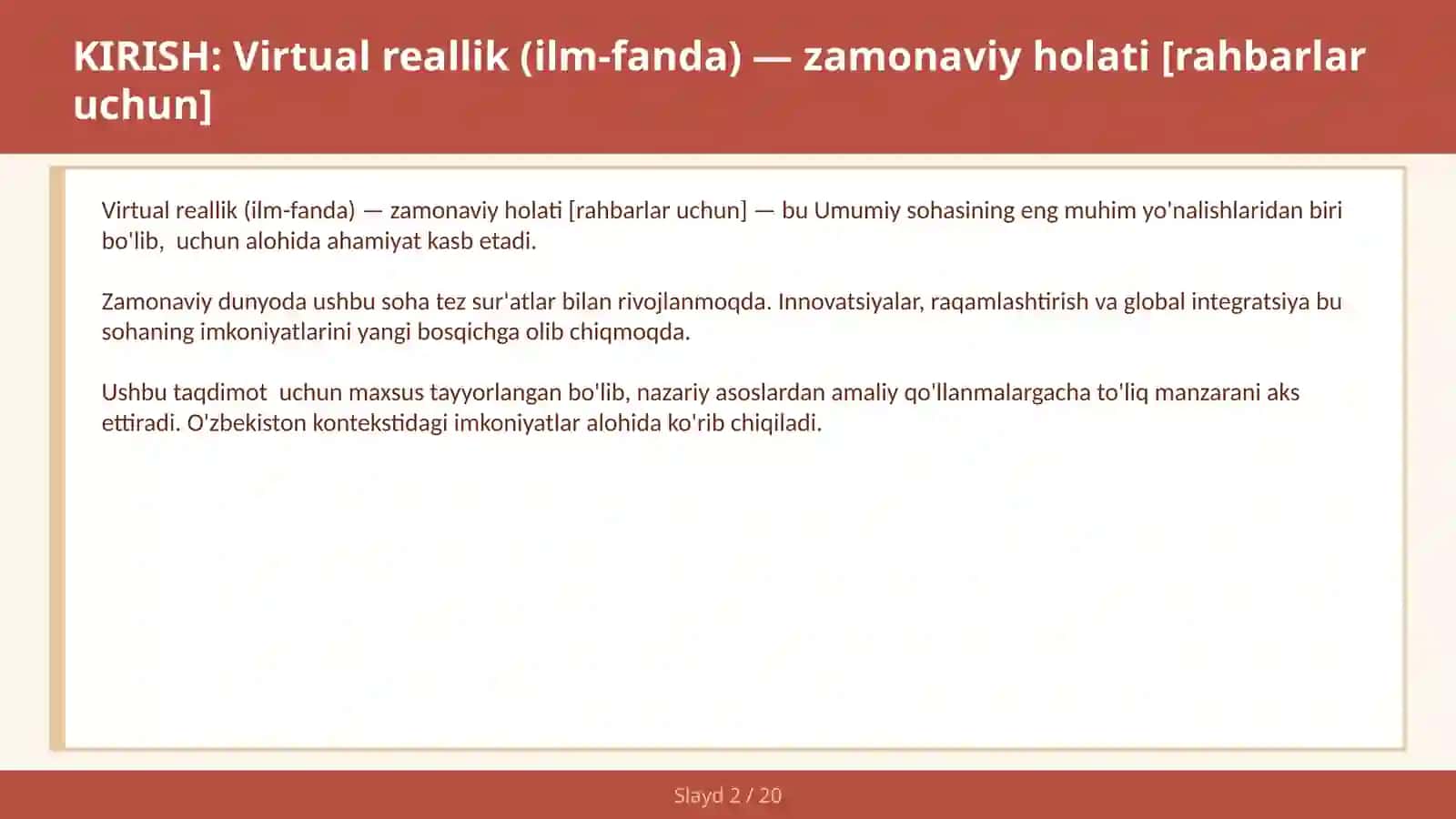 Virtual reallik (ilm-fanda) — zamonaviy holati [rahbarlar uchun] 2
