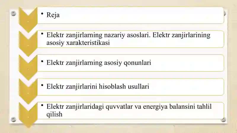 Elektr zanjirlar nazariyasi ularning xarakteristikasi va asosiy qonunlari. Elektr zanjirlarini hisoblash usullarini o’rganish 2
