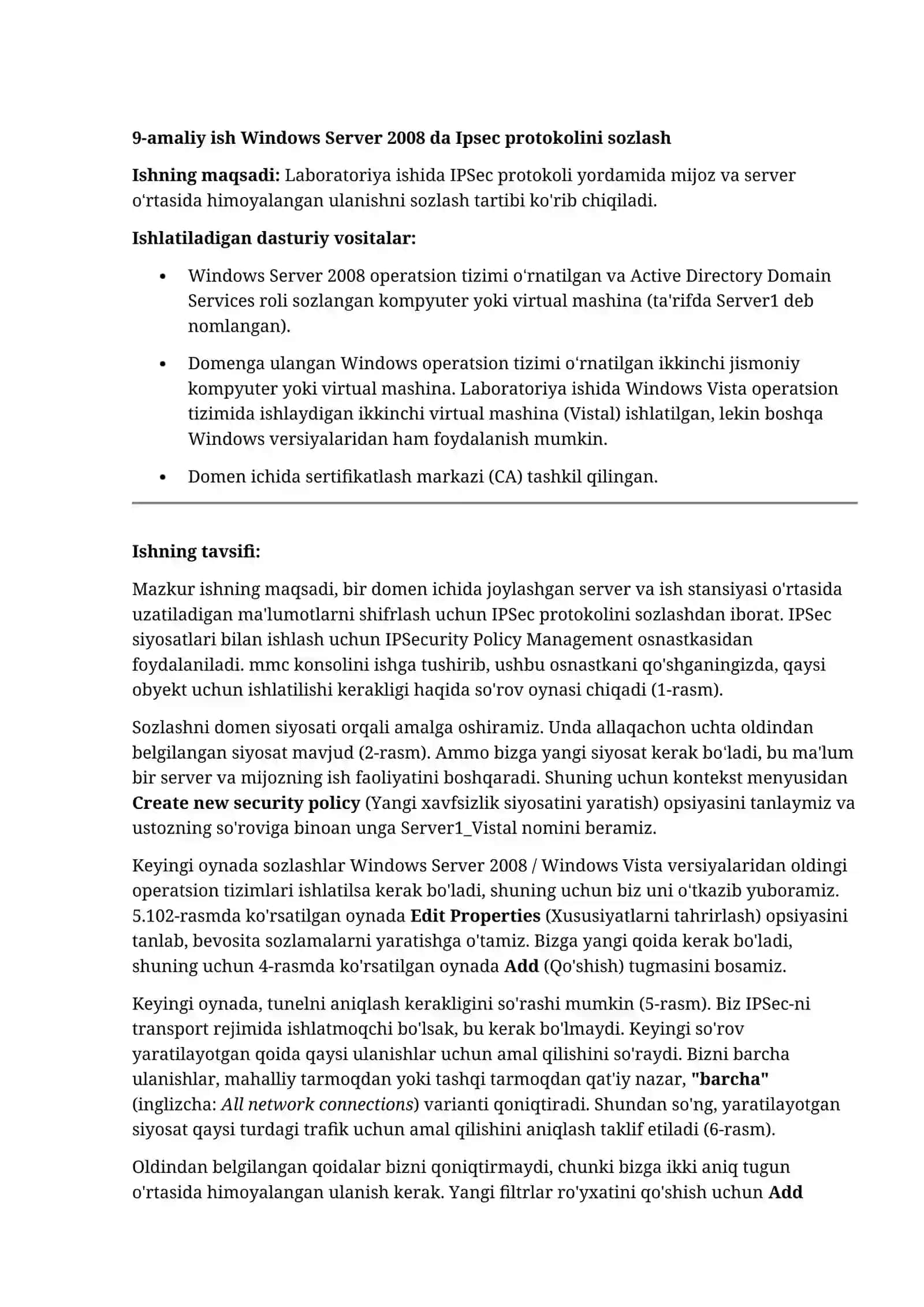 9-amaliy ish Windows Server 2008 da Ipsec protokolini sozlash 2