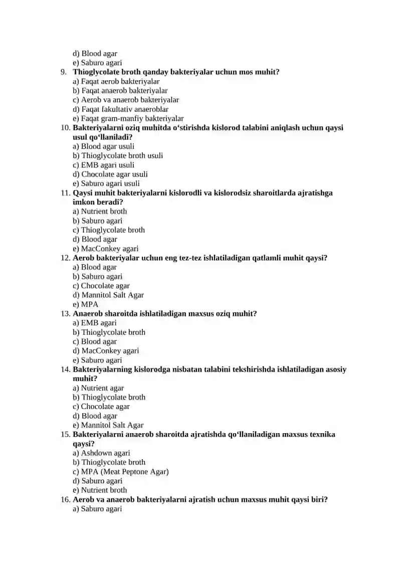 Testlar: Oziq Muhitlar va Bakteriyalarni Ajratib Olish 2