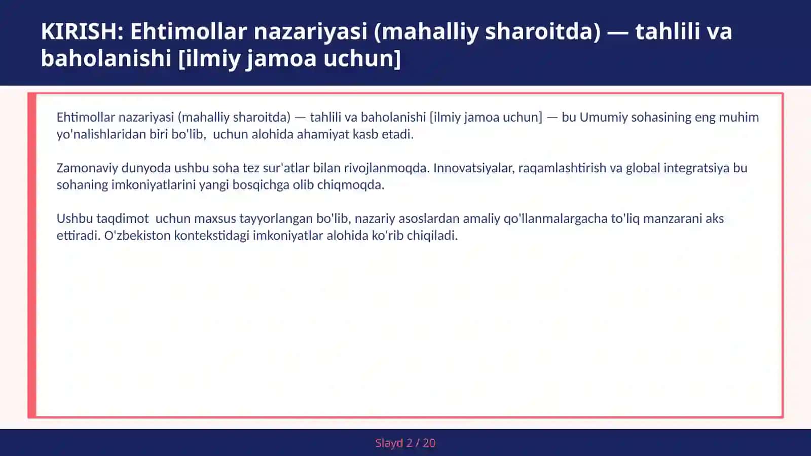 Ehtimollar nazariyasi (mahalliy sharoitda) — tahlili va baholanishi [ilmiy jamoa uchun] 2