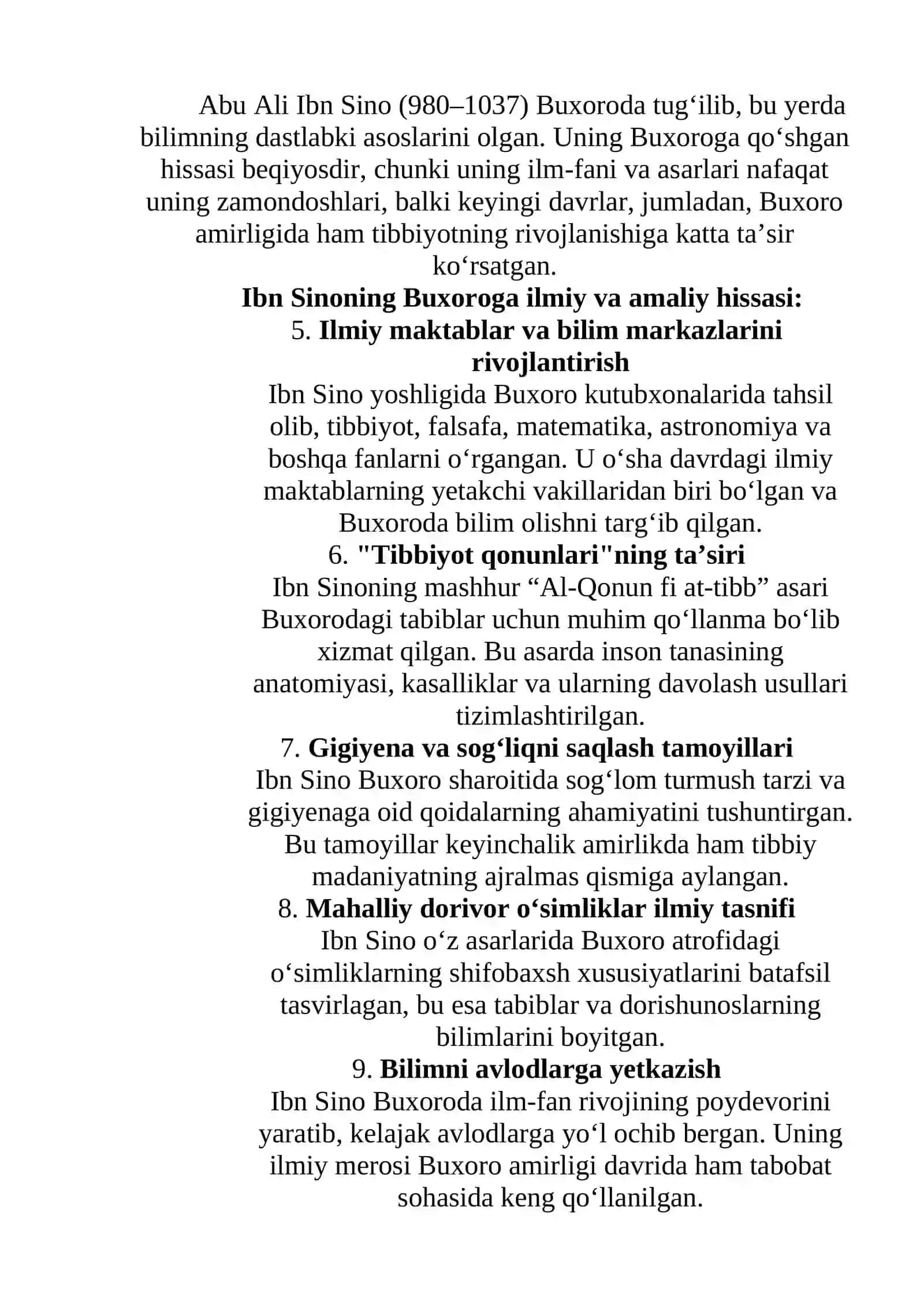 Buxoro amirligidagi tibbiyot Abu Ali Ibn Sinoning Buxoroga qo'shgan xissasi 2