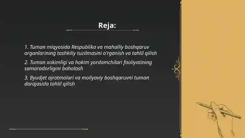 Respublika va mahalliy boshqaruv organlarini tumanlar miqyosida o'rganish tahlil qilish 2