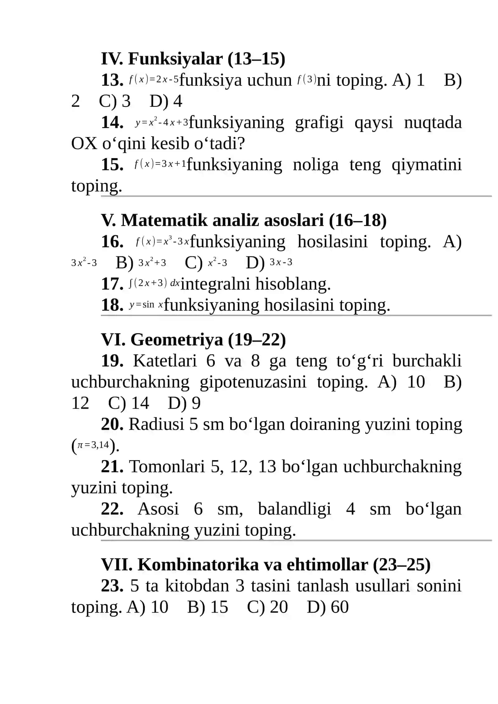 Matematika Milliy Sertifikat — MOCK TEST (Namunaviy variant) 2