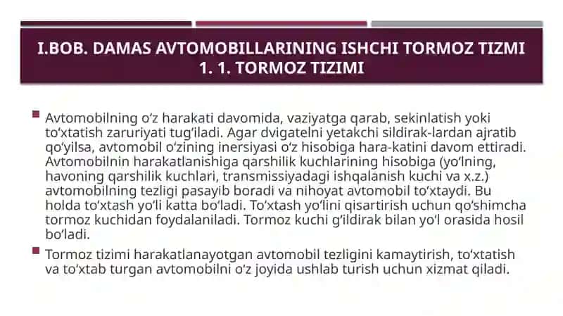 Damas avtomobilining tormoz boshqarmasi 2