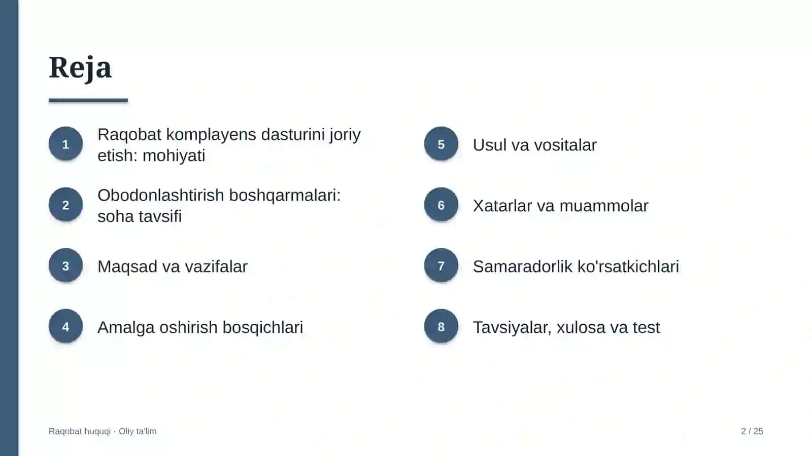 obodonlashtirish boshqarmalarida raqobat qonunchiligi bo'yicha komplayens dasturini joriy etish 7022 2