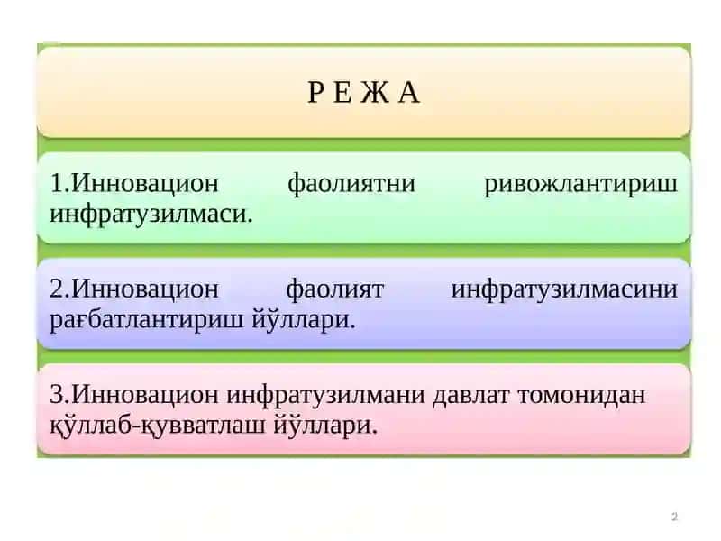ИННОВАЦИЯЛАРНИ ТАШКИЛ ЭТИШ ИНФРАТУЗИЛМАСИНИ ТАШКИЛИЙ-ИҚТИСОДИЙ МЕХАНИЗМИ 2