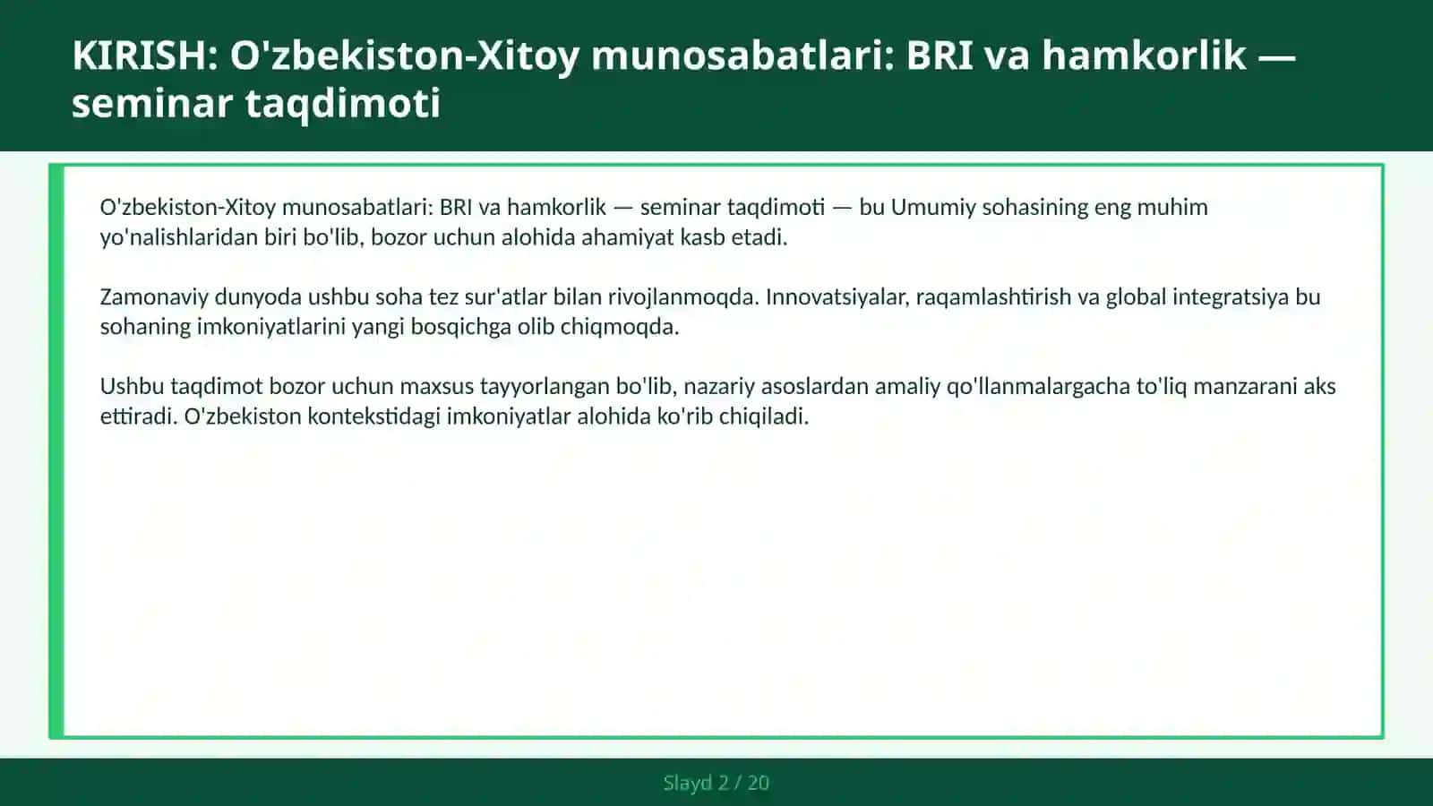 O'zbekiston-Xitoy munosabatlari: BRI va hamkorlik — seminar taqdimoti 2