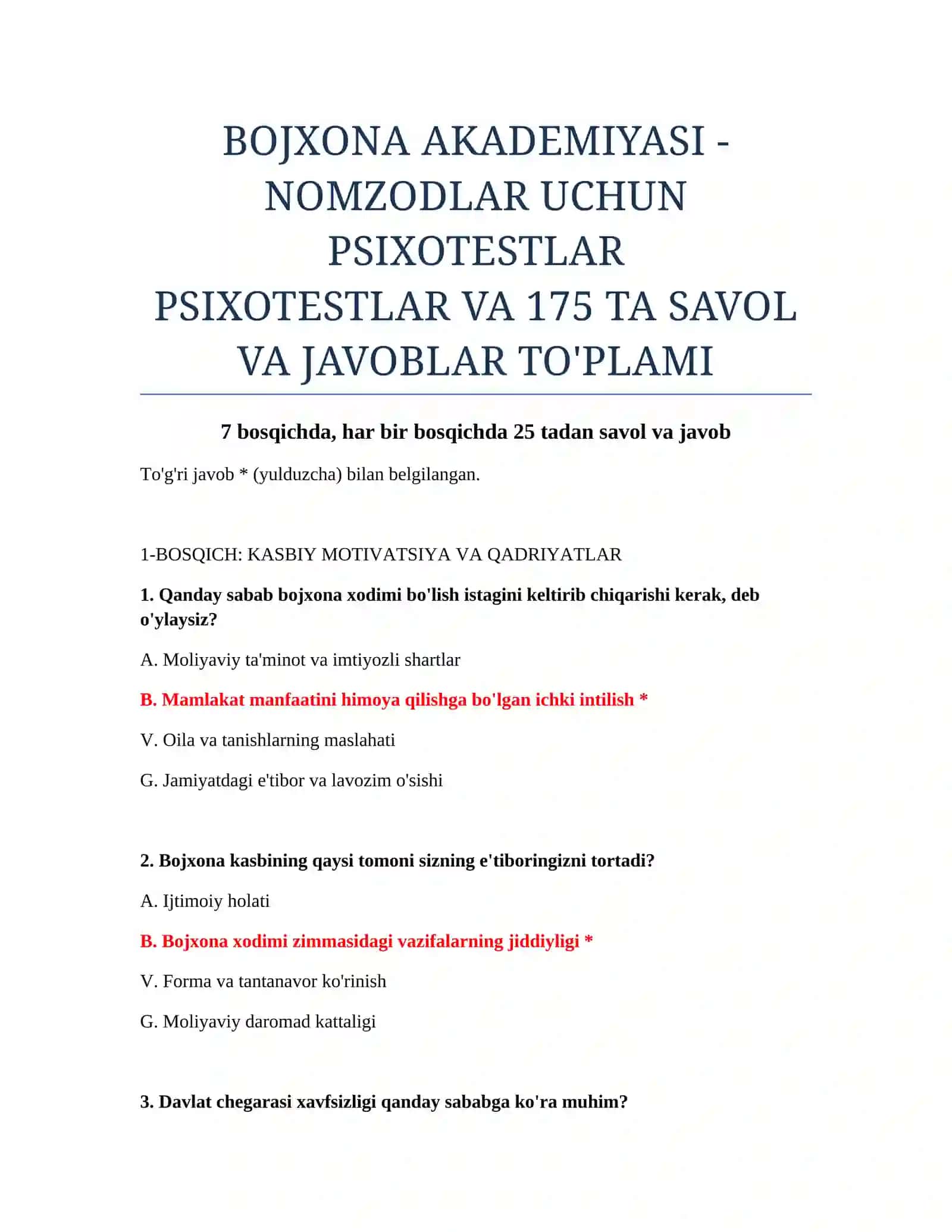 NOMZODLAR UCHUN PSIXOTESTLAR 2