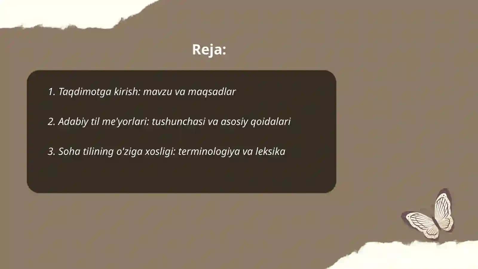 O'zbek tilining sohada qo'llanilishi, bunda adabiy til me'yorlariga rioya qilish haqida taqdimot tayyorlash 2