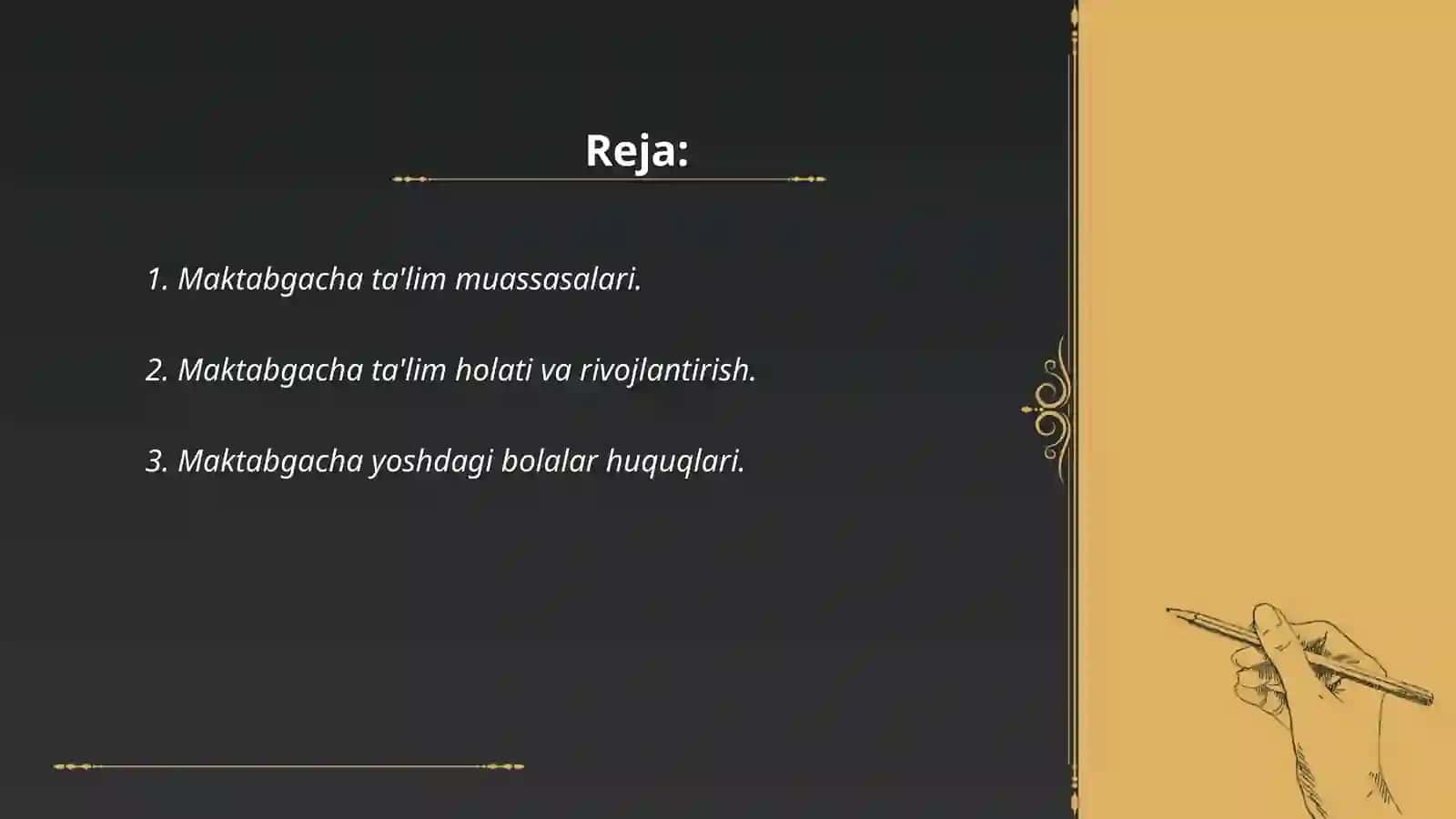 O'zbekiston respublikasi ta'lim tog'risidagi qonuni(Maktabgacha ta'lim) 2