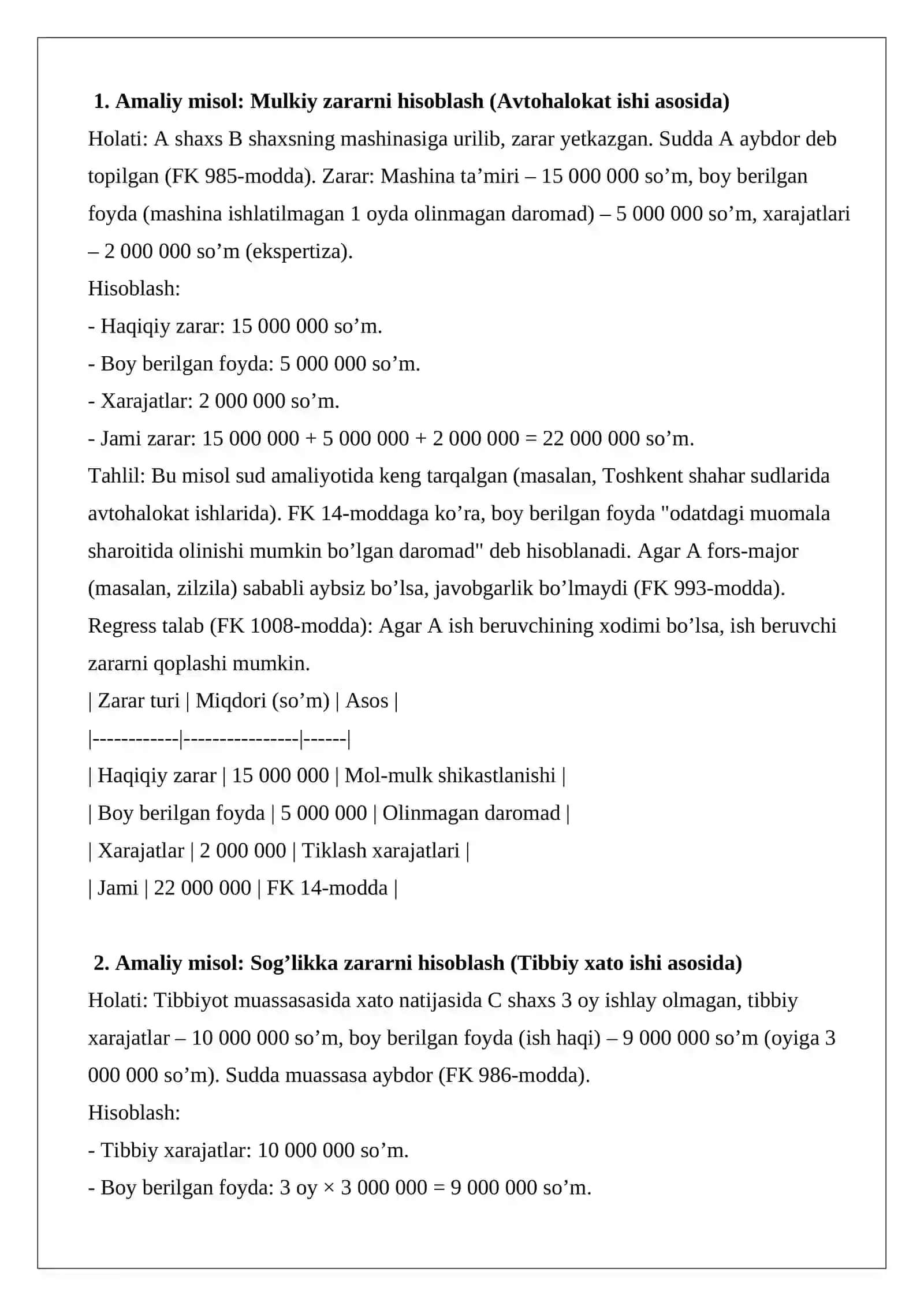 Zarar yetkazishdan kelib chiqadigan majburiyatlar 2