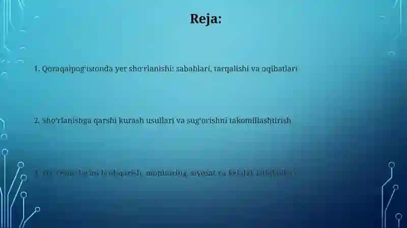 Qoraqalpogʻistonda yer resurslarining shoʻrlanishi: Umumiy koʻrinish 2