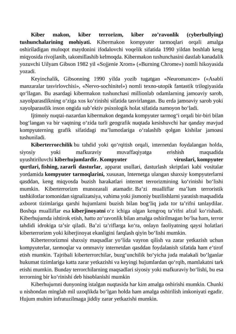 Kiber makon, kiber terrorizm, kiber zoʼravonlik tushunchalari 2