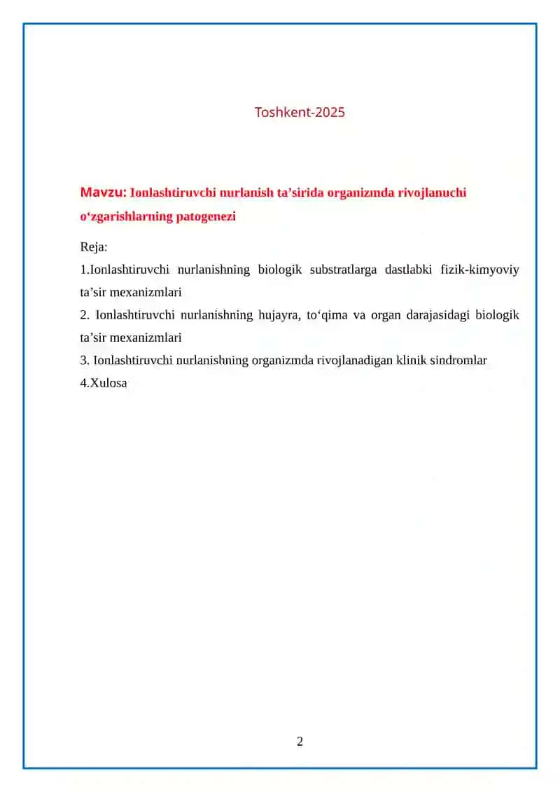 Ionlashtiruvchi nurlanish ta'sirida organizmda rivojlanuvchi o'zgarishlarning patogenezi 2