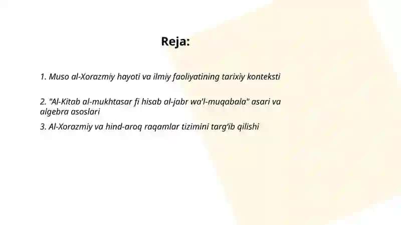 O’rta Osiyolik allomalarning jahon sivilizatsiyasiga qo’shgan hissasi: Muso al-Xorazmiy 2