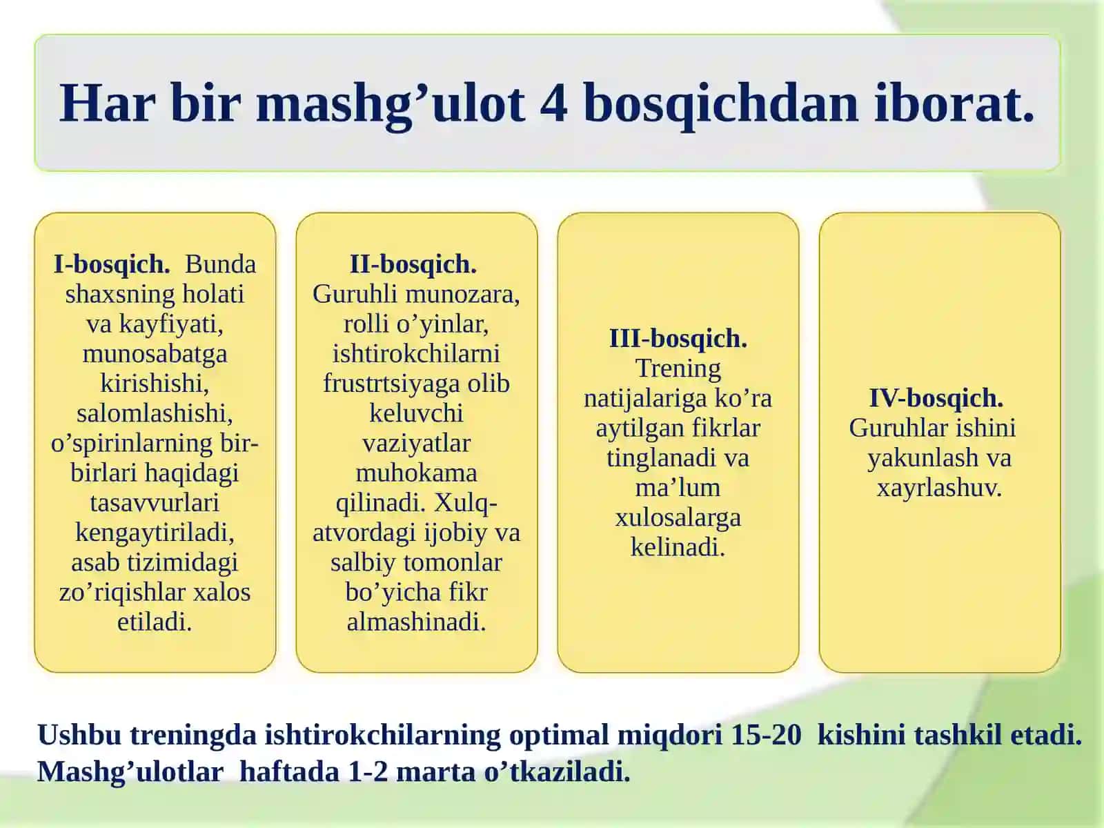 O‘quvchilarni hamkorlikda ishlashga, ulardagi emotsional zo‘riqishlarni bartaraf etishga doir trening mashg‘ulotlari 2