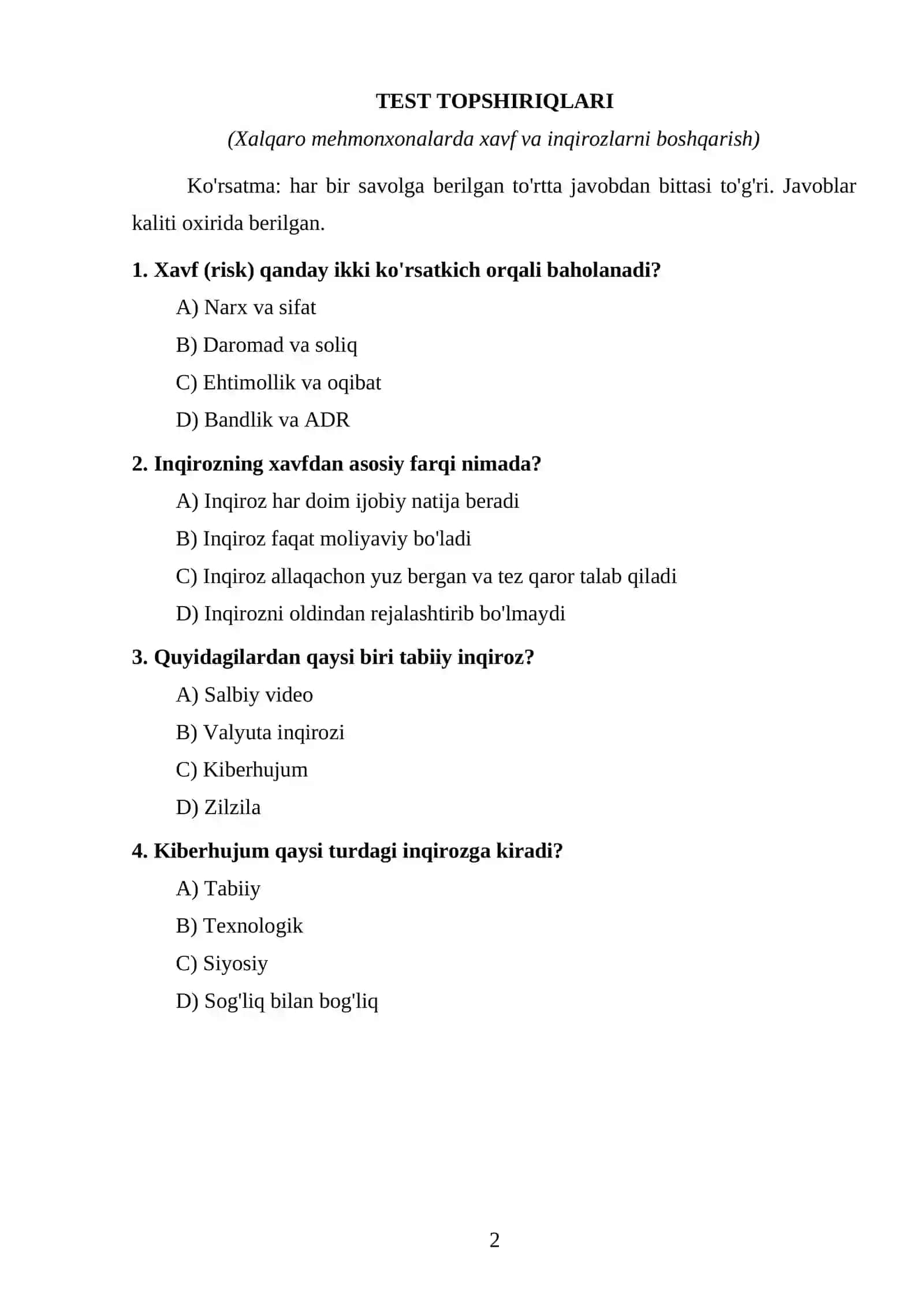 “Xalqaro mehmonxona menejmenti” fanidan TEST TOPSHIRIQLARI 2
